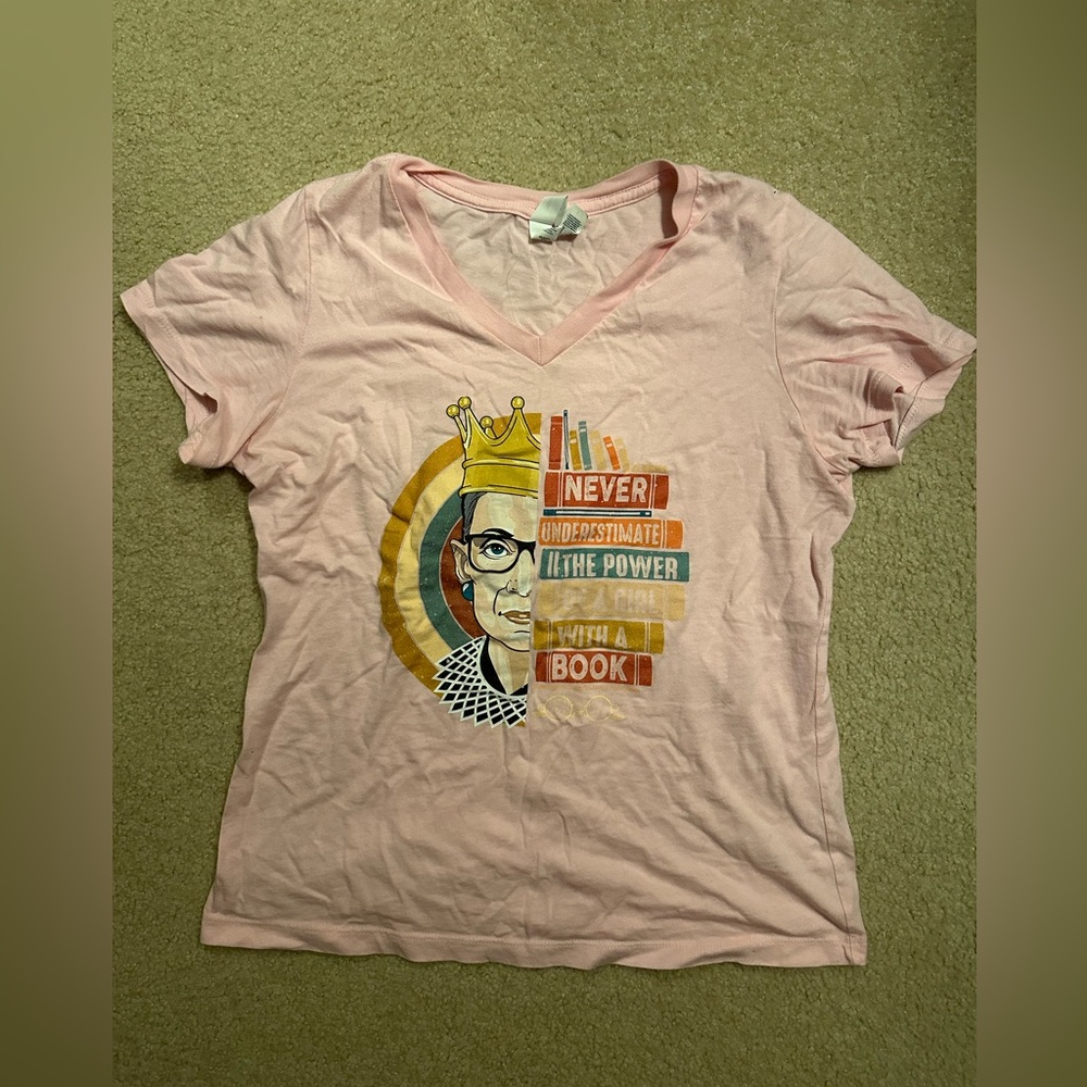 Never Underestimate The Power of a Girl With a Book RBG Pink V Neck Shirt Small